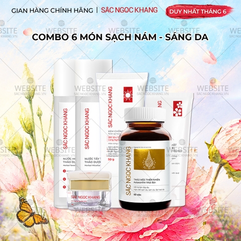 Combo Toàn Diện Mờ Nám, Đẹp Da Sắc Ngọc Khang: Nước tẩy trang 145ml, sữa rửa mặt 50g, nước hoa hồng 145ml, kem chống nắng 50g, kem dưỡng da ban đêm 10g, viên uống vi tảo lục 60v (phiên bản thường)