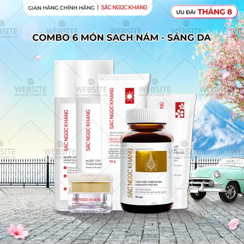 Combo Toàn Diện Mờ Nám, Đẹp Da Sắc Ngọc Khang: Nước tẩy trang 145ml, sữa rửa mặt 50g, nước hoa hồng 145ml, kem chống nắng 50g, kem dưỡng da ban đêm 10g, viên uống vi tảo lục 60v (phiên bản thường)