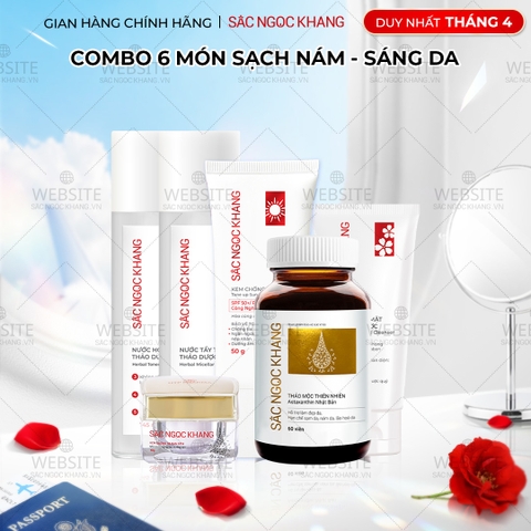 Combo Toàn Diện Mờ Nám, Đẹp Da Sắc Ngọc Khang: Nước tẩy trang 145ml, sữa rửa mặt 50g, nước hoa hồng 145ml, kem chống nắng 50g, kem dưỡng da ban đêm 10g, viên uống vi tảo lục 60v (phiên bản thường)