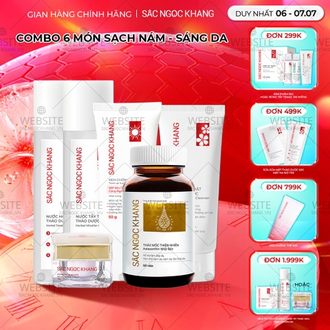 Combo Toàn Diện Mờ Nám, Đẹp Da Sắc Ngọc Khang: Nước tẩy trang 145ml, sữa rửa mặt 50g, nước hoa hồng 145ml, kem chống nắng 50g, kem dưỡng da ban đêm 10g, viên uống vi tảo lục 60v (phiên bản thường)
