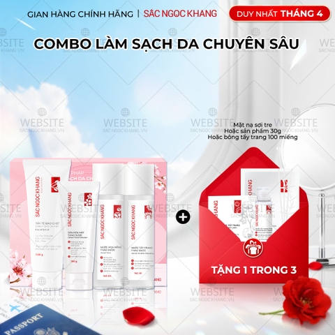 Combo Làm Sạch Da Chuyên Sâu Sắc Ngọc Khang (Sữa rửa mặt Thảo Dược 100g + Nước Hoa Hồng Thảo Dược 145ml + Nước Tẩy Trang Thảo Dược 145ml + Tẩy TBC 120g)