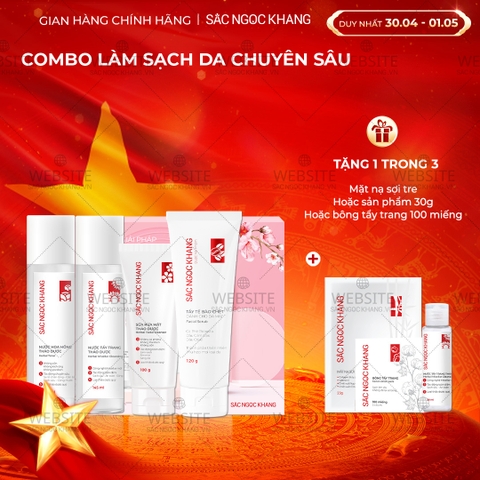 Combo Làm Sạch Da Chuyên Sâu Sắc Ngọc Khang (Sữa rửa mặt Thảo Dược 100g + Nước Hoa Hồng Thảo Dược 145ml + Nước Tẩy Trang Thảo Dược 145ml + Tẩy TBC 120g)