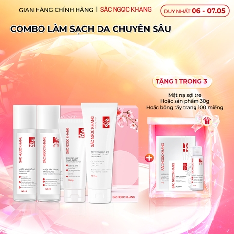 Combo Làm Sạch Da Chuyên Sâu Sắc Ngọc Khang (Sữa rửa mặt Thảo Dược 100g + Nước Hoa Hồng Thảo Dược 145ml + Nước Tẩy Trang Thảo Dược 145ml + Tẩy TBC 120g)