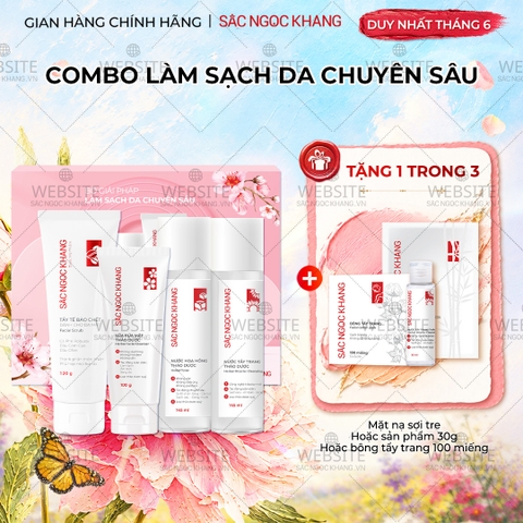 Combo Làm Sạch Da Chuyên Sâu Sắc Ngọc Khang (Sữa rửa mặt Thảo Dược 100g + Nước Hoa Hồng Thảo Dược 145ml + Nước Tẩy Trang Thảo Dược 145ml + Tẩy TBC 120g)