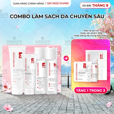 Combo Làm Sạch Da Chuyên Sâu Sắc Ngọc Khang (Sữa rửa mặt Thảo Dược 100g + Nước Hoa Hồng Thảo Dược 145ml + Nước Tẩy Trang Thảo Dược 145ml + Tẩy TBC 120g)