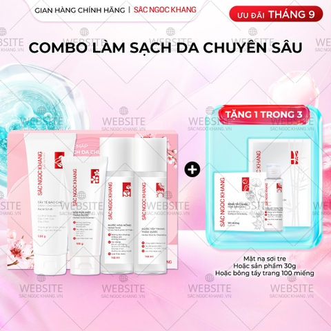 Combo Làm Sạch Da Chuyên Sâu Sắc Ngọc Khang (Sữa rửa mặt Thảo Dược 100g + Nước Hoa Hồng Thảo Dược 145ml + Nước Tẩy Trang Thảo Dược 145ml + Tẩy TBC 120g)