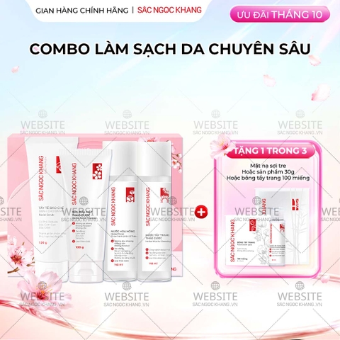Combo Làm Sạch Da Chuyên Sâu Sắc Ngọc Khang (Sữa rửa mặt Thảo Dược 100g + Nước Hoa Hồng Thảo Dược 145ml + Nước Tẩy Trang Thảo Dược 145ml + Tẩy TBC 120g)