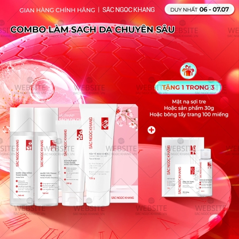 Combo Làm Sạch Da Chuyên Sâu Sắc Ngọc Khang (Sữa rửa mặt Thảo Dược 100g + Nước Hoa Hồng Thảo Dược 145ml + Nước Tẩy Trang Thảo Dược 145ml + Tẩy TBC 120g)