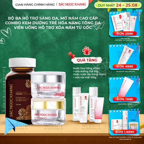 Combo Mờ Nám Dưỡng Trắng Cao Cấp Sắc Ngọc Khang: Viên Uống Sắc Ngọc Khang ++, Kem Dưỡng Da Ban Đêm, Kem Dưỡng Da Ban Ngày
