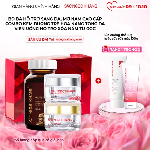 Combo Mờ Nám Dưỡng Trắng Cao Cấp Sắc Ngọc Khang: Viên Uống Sắc Ngọc Khang ++, Kem Dưỡng Da Ban Đêm, Kem Dưỡng Da Ban Ngày
