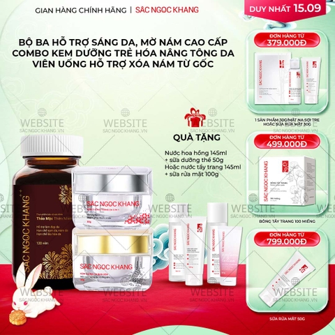 Combo Mờ Nám Dưỡng Trắng Cao Cấp Sắc Ngọc Khang: Viên Uống Sắc Ngọc Khang ++, Kem Dưỡng Da Ban Đêm, Kem Dưỡng Da Ban Ngày