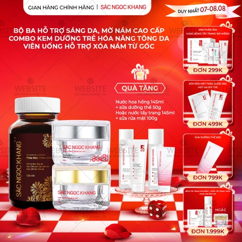 Combo Mờ Nám Dưỡng Trắng Cao Cấp Sắc Ngọc Khang: Viên Uống Sắc Ngọc Khang ++, Kem Dưỡng Da Ban Đêm, Kem Dưỡng Da Ban Ngày