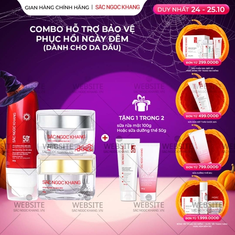 Combo Hỗ trợ Mờ Nám Dưỡng Trắng Kiềm Dầu Sắc Ngọc Khang (Kem dưỡng da ban ngày, kem dưỡng da ban đêm, kem chống nắng kiềm dầu, tặng kèm sữa dưỡng thể)
