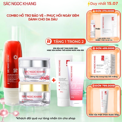 Combo Mờ Nám Dưỡng Trắng Kiềm Dầu Sắc Ngọc Khang (Kem dưỡng da ban ngày, kem dưỡng da ban đêm, kem chống nắng kiềm dầu, tặng kèm sữa dưỡng thể)