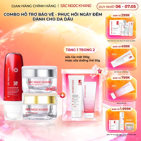 Combo Mờ Nám Dưỡng Trắng Kiềm Dầu Sắc Ngọc Khang (Kem dưỡng da ban ngày, kem dưỡng da ban đêm, kem chống nắng kiềm dầu, tặng kèm sữa dưỡng thể)
