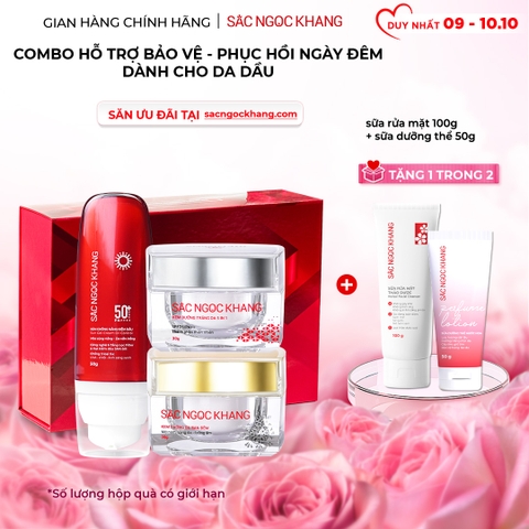 Combo Mờ Nám Dưỡng Trắng Kiềm Dầu Sắc Ngọc Khang (Kem dưỡng da ban ngày, kem dưỡng da ban đêm, kem chống nắng kiềm dầu, tặng kèm sữa dưỡng thể)