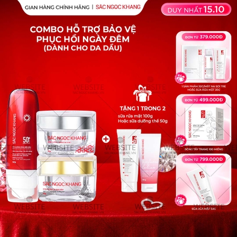 Combo Hỗ trợ Mờ Nám Dưỡng Trắng Kiềm Dầu Sắc Ngọc Khang (Kem dưỡng da ban ngày, kem dưỡng da ban đêm, kem chống nắng kiềm dầu, tặng kèm sữa dưỡng thể)