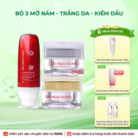 Combo Mờ Nám Dưỡng Trắng Kiềm Dầu Sắc Ngọc Khang (Kem dưỡng da ban ngày, kem dưỡng da ban đêm, kem chống nắng kiềm dầu, tặng kèm sữa dưỡng thể)