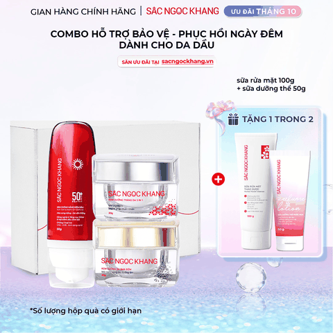 Combo Mờ Nám Dưỡng Trắng Kiềm Dầu Sắc Ngọc Khang (Kem dưỡng da ban ngày, kem dưỡng da ban đêm, kem chống nắng kiềm dầu, tặng kèm sữa dưỡng thể)
