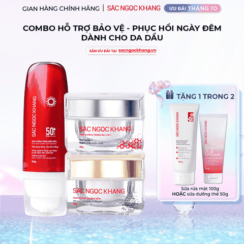 Combo Mờ Nám Dưỡng Trắng Kiềm Dầu Sắc Ngọc Khang (Kem dưỡng da ban ngày, kem dưỡng da ban đêm, kem chống nắng kiềm dầu, tặng kèm sữa dưỡng thể)