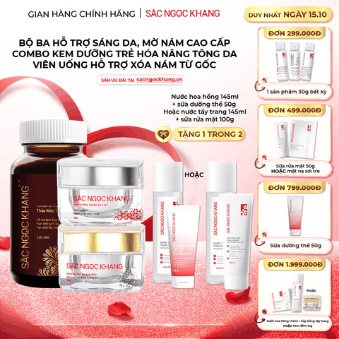Combo Mờ Nám Dưỡng Trắng Cao Cấp Sắc Ngọc Khang: Viên Uống Sắc Ngọc Khang ++, Kem Dưỡng Da Ban Đêm, Kem Dưỡng Da Ban Ngày