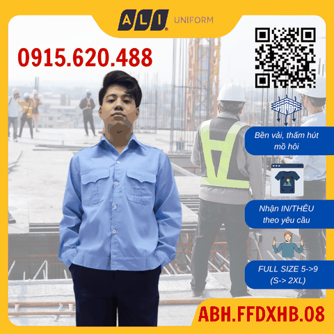 Áo bảo vệ Aligro chất liệu Kaki 2/1 bền đẹp, đồng phục cho công nhân, kỹ sư màu xanh hòa bình ABH.FFDXHB.08