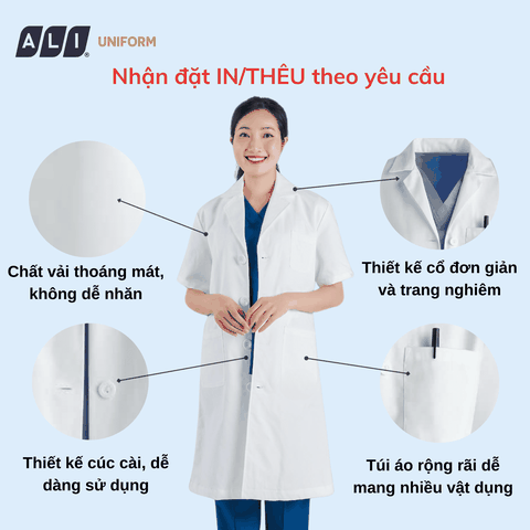 Áo choàng blouse, áo blue trắng cộc tay, dáng dài, chất vải kaki chun hàn cho bác sĩ, dược sĩ, spa Aligro BV.CA.ABLU.KKC