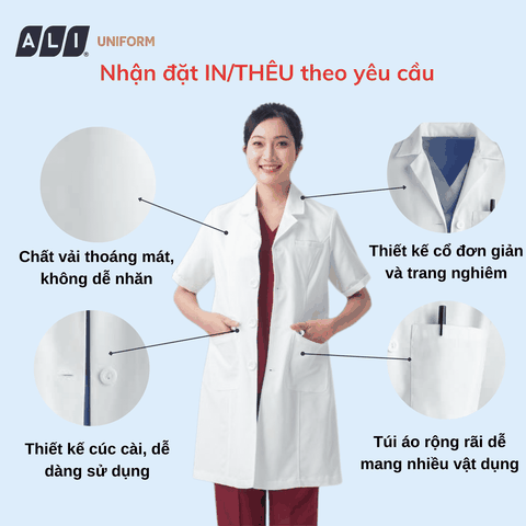 Áo choàng blouse, áo blue trắng cộc tay, dáng dài, chất vải lon ít nhăn cho bác sĩ, dược sĩ, spa Aligro BV.BM.ABLU