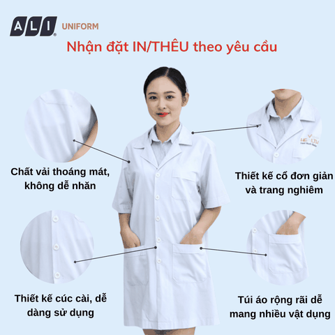 Áo choàng blouse, áo blue trắng cộc tay, dáng dài, chất vải oxford cho bác sĩ, dược sĩ, spa Aligro BV.CA.ABLU.OXC