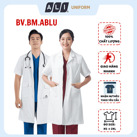 Áo choàng blouse, áo blue trắng cộc tay, dáng dài, chất vải lon ít nhăn cho bác sĩ, dược sĩ, spa Aligro BV.BM.ABLU