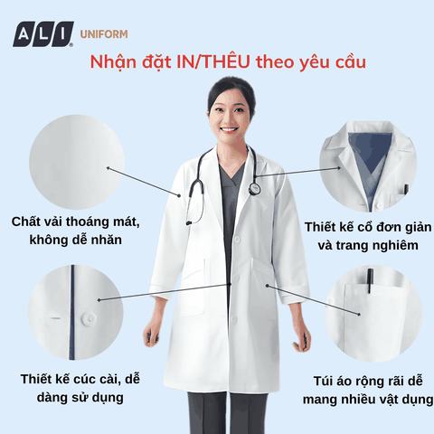 Áo choàng blouse, áo blue trắng dài tay, dáng dài, chất vải kaki chun hàn cho bác sĩ, dược sĩ, spa Aligro BV.CA.ABLU.KKD