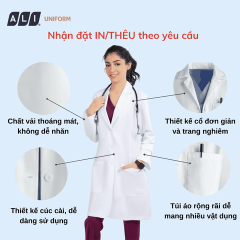 Áo choàng blouse, áo blue trắng dài tay, dáng dài, chất vải oxford cho bác sĩ, dược sĩ, spa Aligro BV.CA.ABLU.OXD