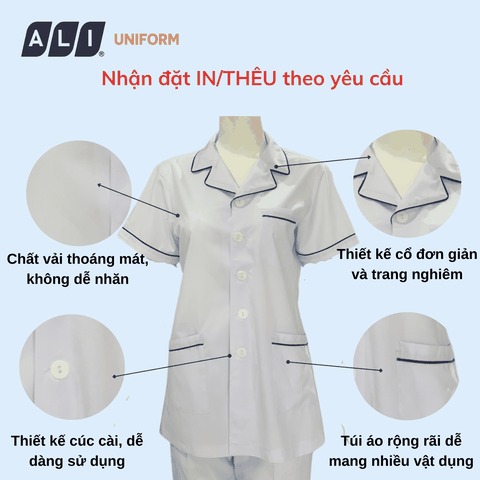 Áo điều dưỡng, áo blue trắng cộc tay, có lé chất vải kaki chun hàn cho bác sĩ, dược sĩ, spa Aligro BV.CA.ADD.KK.CNU2