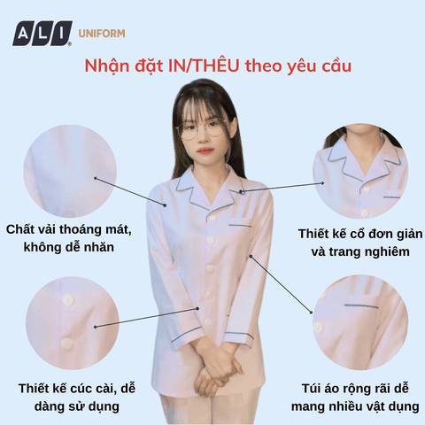 Áo điều dưỡng, áo blue trắng dài tay, có lé chất vải kaki chun hàn cho bác sĩ, dược sĩ, spa Aligro BV.CA.ADD.KK.DNU.2