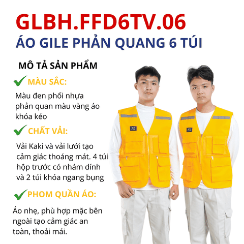 Áo gile bảo hộ lao động 4 túi hộp và 2 túi khóa khác màu chất vải kaki 2/1 thấm hút tốt màu vàng GLBH.FFD6TV.06
