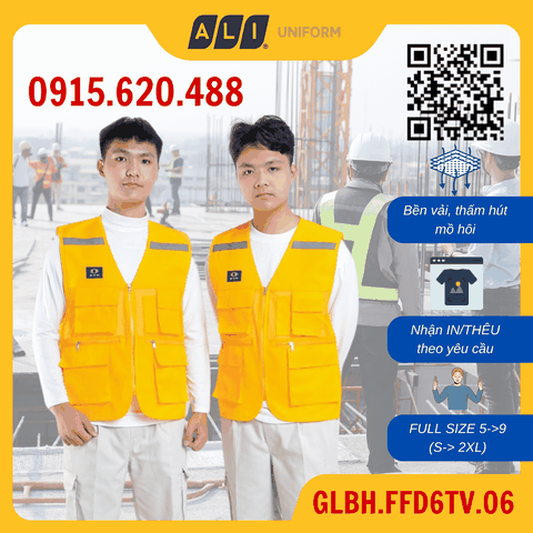 Áo gile bảo hộ lao động 4 túi hộp và 2 túi khóa khác màu chất vải kaki 2/1 thấm hút tốt màu vàng GLBH.FFD6TV.06