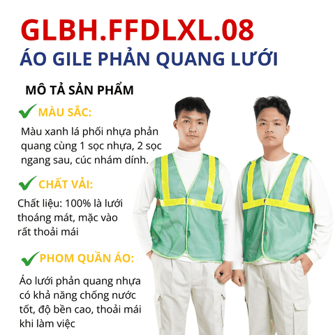 Áo gile bảo hộ lao động lưới phản quang nhựa màu xanh lá GLBH.FFDLXL.08