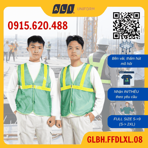 Áo gile bảo hộ lao động lưới phản quang nhựa màu xanh lá GLBH.FFDLXL.08