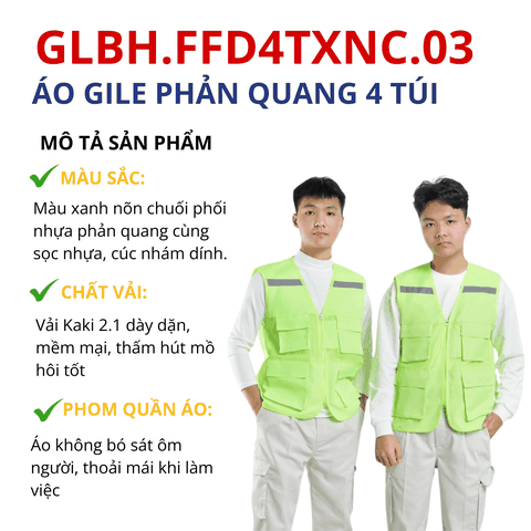 Áo gile bảo hộ lao động phản quang 4 túi chất vải kaki hoặc lưới thoáng mát màu xanh nõn chuối GLBH.FFD4TXC.03