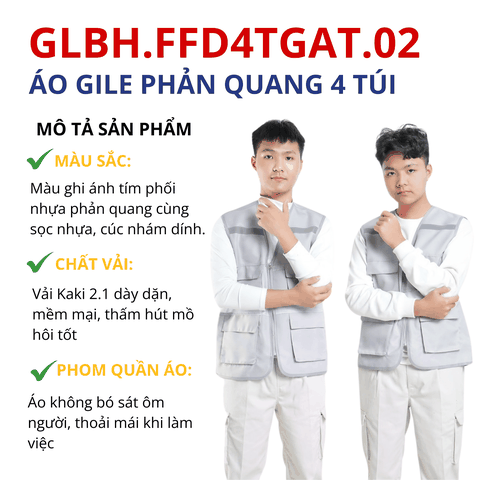 Áo gile bảo hộ lao động phản quang 4 túi chất vải kaki/lưới thoáng mát, thấm hút tốt màu ghi ánh tím GLBH.FFD4TGAT.02