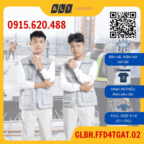 Áo gile bảo hộ lao động phản quang 4 túi chất vải kaki/lưới thoáng mát, thấm hút tốt màu ghi ánh tím GLBH.FFD4TGAT.02