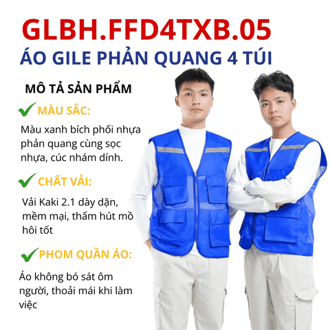 Áo gile bảo hộ lao động phản quang 4 túi chất vải kaki hoặc lưới thoáng mát, thấm hút tốt màu xanh bích GLBH.FFD4TXB.05