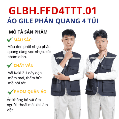 Áo gile bảo hộ lao động phản quang 4 túi chất vải kaki hoặc lưới thoáng mát, thấm hút tốt màu tím than GLBH.FFD4TTT.01