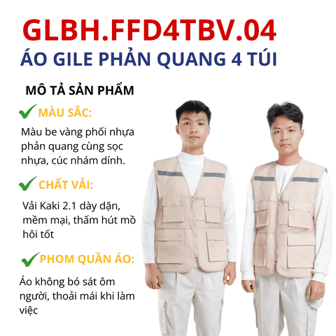 Áo gile bảo hộ lao động phản quang 4 túi chất vải kaki hoặc lưới thoáng mát, thấm hút tốt màu be vàng GLBH.FFD4TBV.04