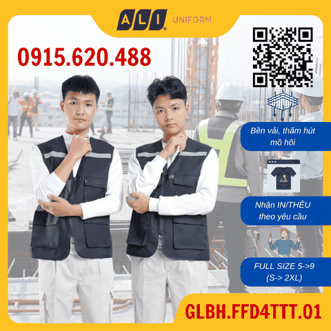 Áo gile bảo hộ lao động phản quang 4 túi chất vải kaki hoặc lưới thoáng mát, thấm hút tốt màu tím than GLBH.FFD4TTT.01