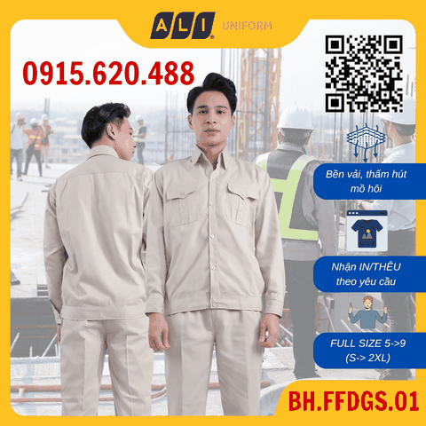 Bộ quần áo bảo hộ lao động Aligro chất liệu Kaki 2/1 bền đẹp, đồng phục cho công nhân kỹ sư, màu ghi sáng BH.FFDGS.01