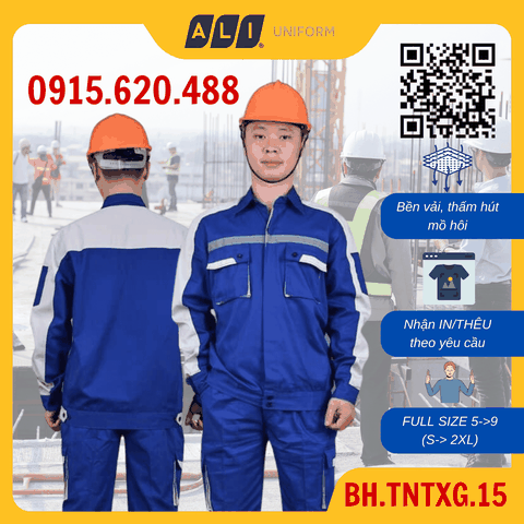 Bộ quần áo bảo hộ lao động Aligro chất liệu Pang Rim bền đẹp, đồng phục cho công nhân màu xanh phối ghi BH.TNTXG.15