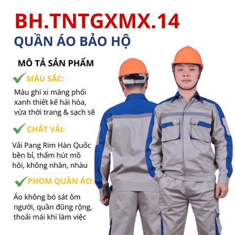 Bộ quần áo bảo hộ lao động Aligro chất liệu Pang Rim bền đẹp đồng phục cho công nhân màu xi măng phối xanh BH.TNTGXMX.14