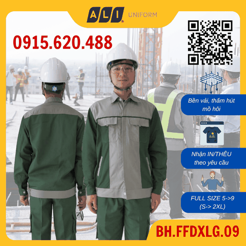 Bộ quần áo bảo hộ lao động Aligro chất liệu Kaki 2/1 bền đẹp, đồng phục cho công nhân màu xanh lá phối ghi BH.FFDXLG.09
