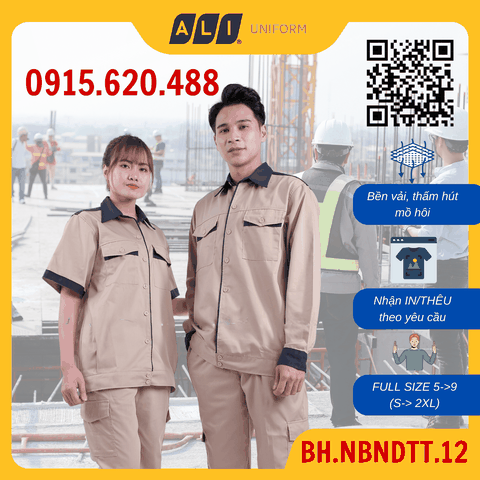 Bộ quần áo bảo hộ lao động Aligro chất liệu Pang Rim bền đẹp, đồng phục cho công nhân màu nâu đất phối tím BH.NBNDTT.12
